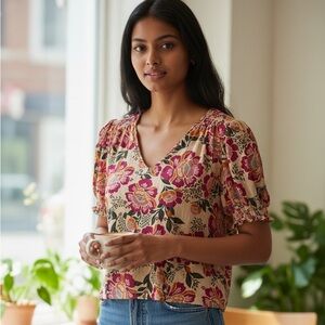 Floral V-Neck Puff Sleeve Crop Tee